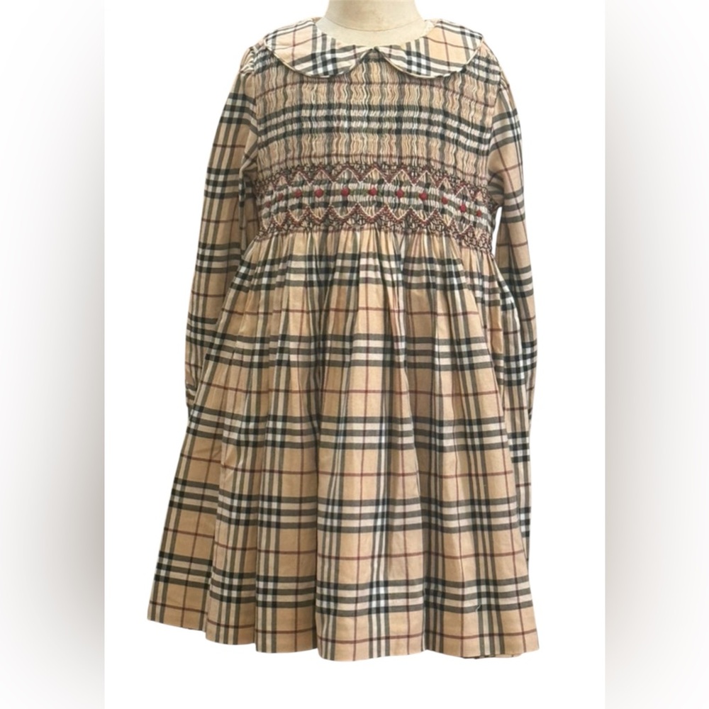 VINTAGE Burberry Kids Cotton Check Smocked Dress.